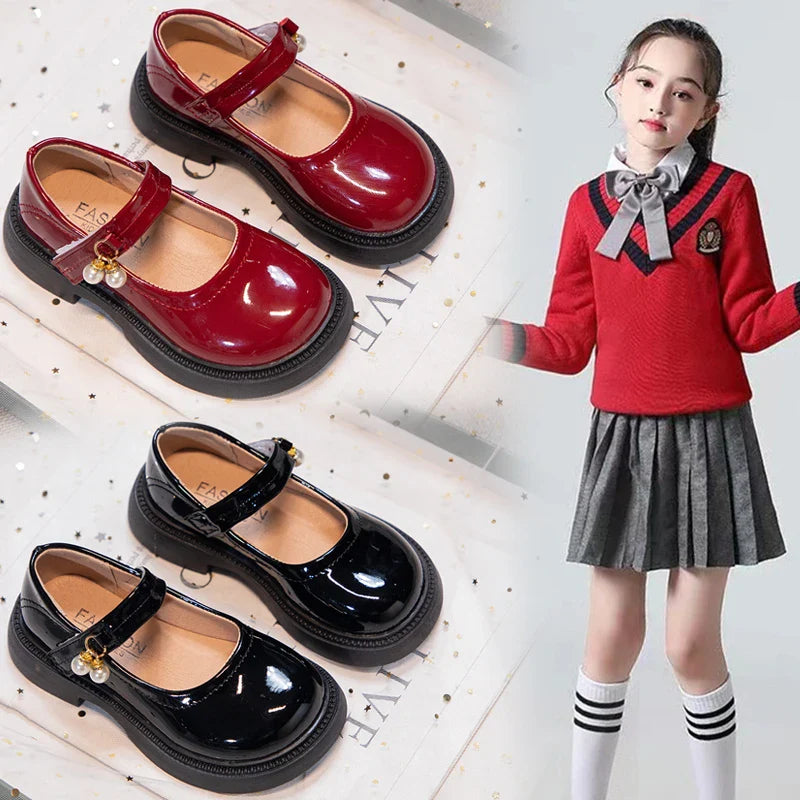 Girls PU Leather Mary Jane Flats with Pearl Pendant – Black Princess Dress Shoes, EU 26-36
