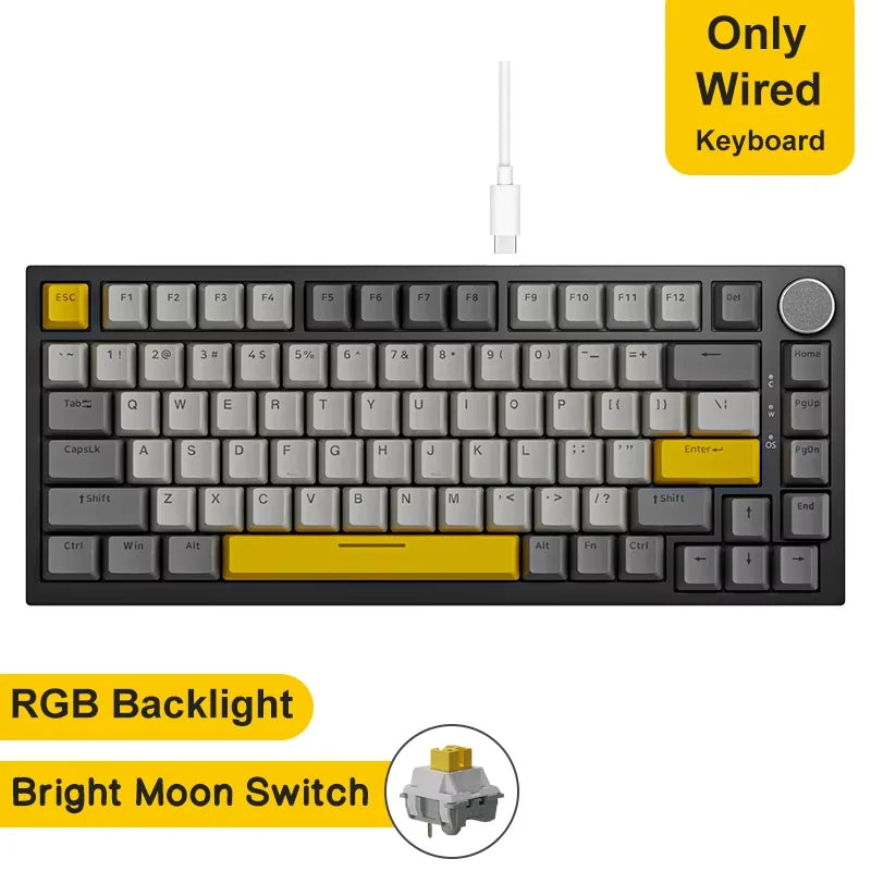 82-Key Hot-Swappable Mechanical Keyboard with Rotary Volume Knob, USB Wired & 2.4GHz Wireless, Monochrome Backlight