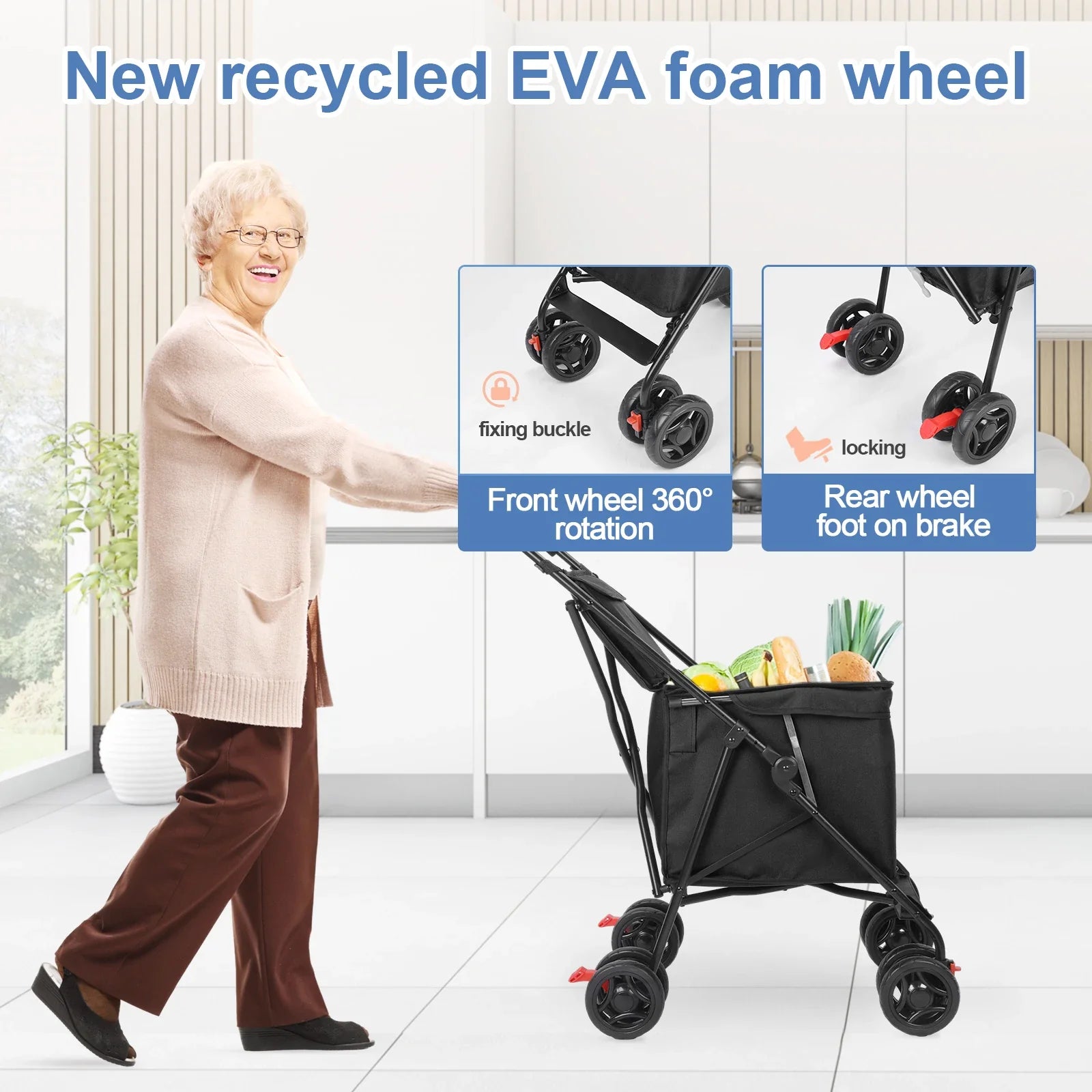 Folding Multifunctional Shopping Cart and Pet Stroller Portable Lightweight Trolley for Market and Picnic