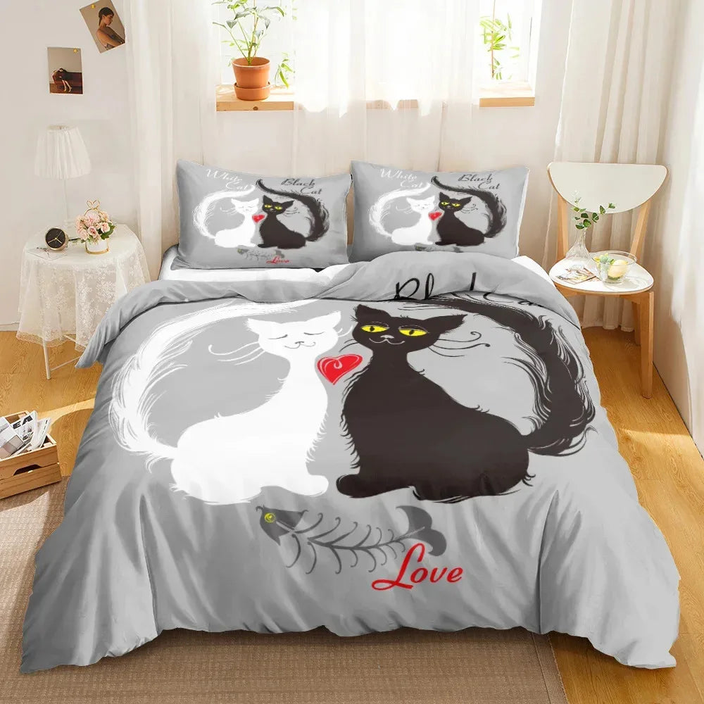 3-Piece Cute Cat Duvet Cover Set - Single-Sided Printed Cartoon Comforter Cover with Pillowcases