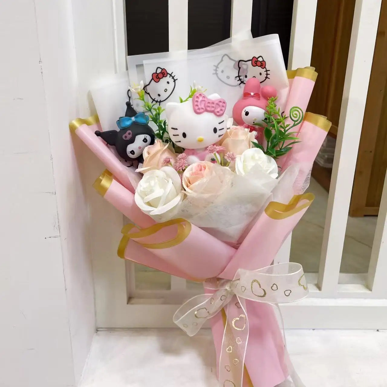 Kawaii Cat Plush Bouquet with Artificial Flowers — Cute Plush Doll Gift for Her, Valentine, Birthday, Graduation