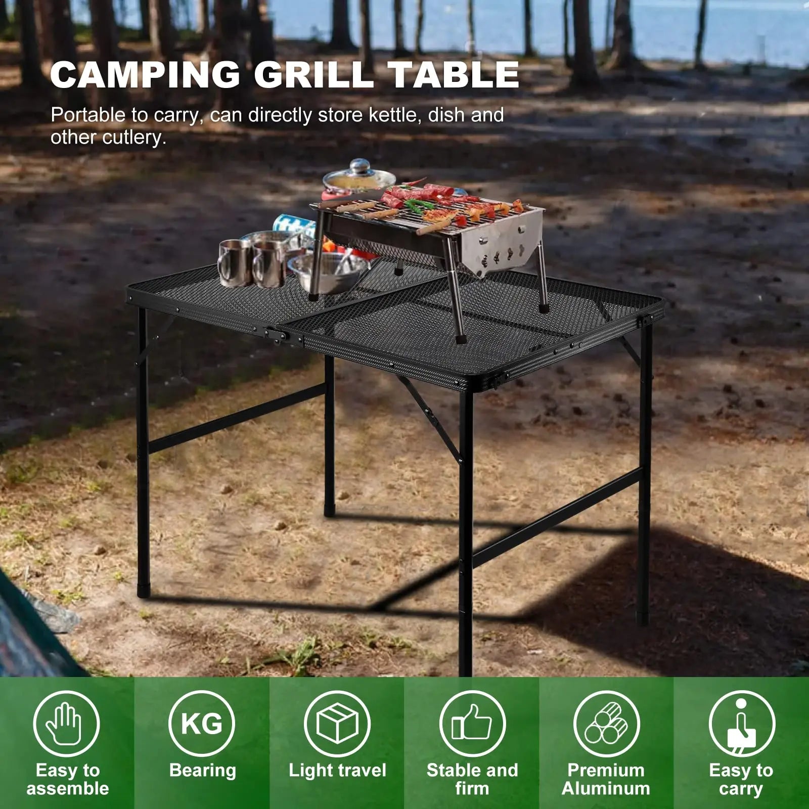 Portable Folding Aluminum Mesh Grill Table for Outdoor Camping, BBQ, RV & Picnic — 23.6 in (60 cm) & 35.4 in (90 cm)