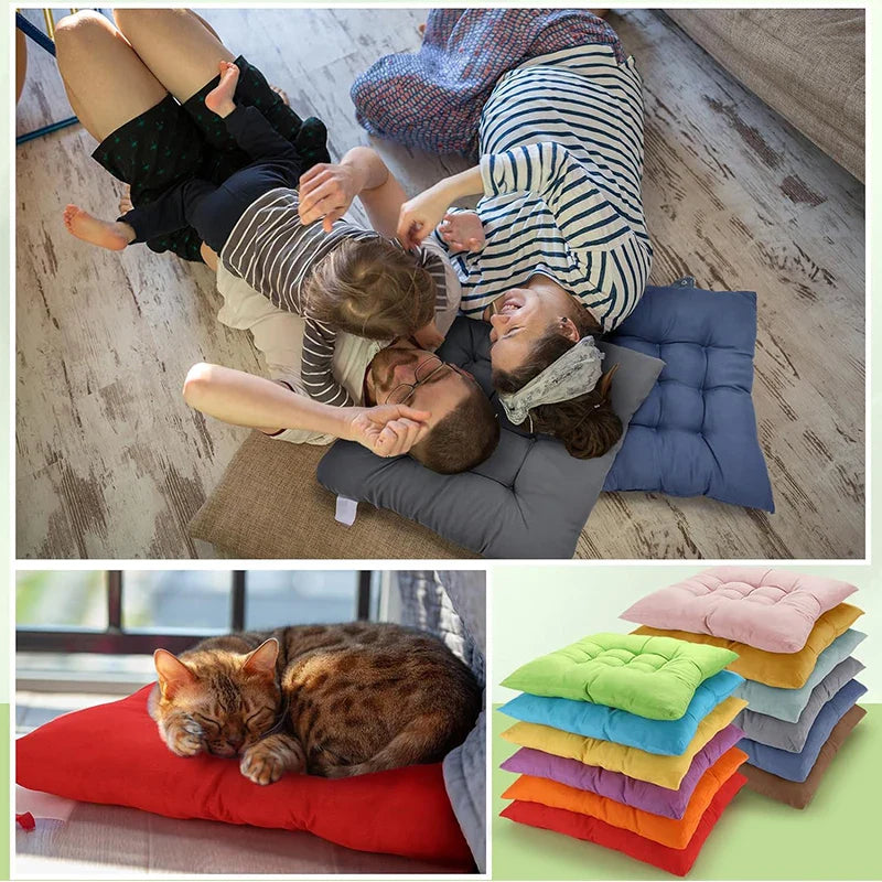 Tie-On Rectangle Dining Chair Seat Cushion - Thick Polyester Cotton Pad for Dining, Floor & Meditation