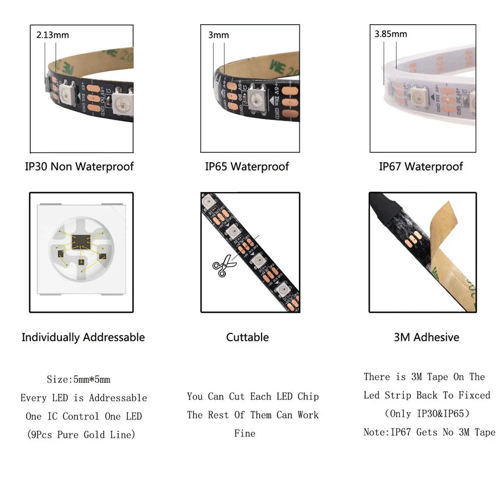 5V Addressable RGB LED Strip Light - 30/60/74/96/144 LEDs per Meter, 5050 SMD, IP30/IP65/IP67
