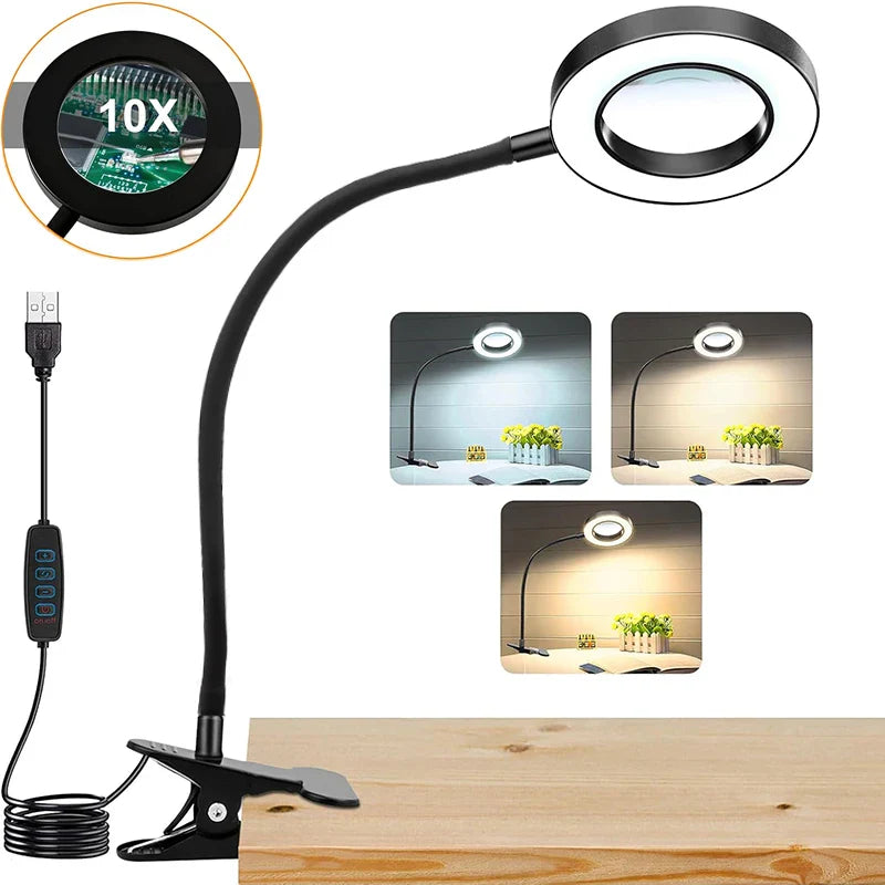 10X Clamp-On Gooseneck Magnifying Glass with 3-Color LED, 3.7 in (94 mm) Glass Lens for Reading, Nail Art & Crafts