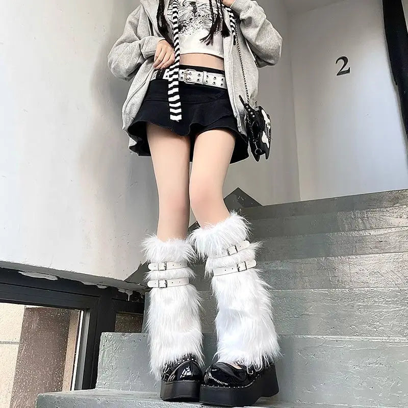 White Faux Fur Leg Warmers Y2K Goth Knee-High Boot Covers