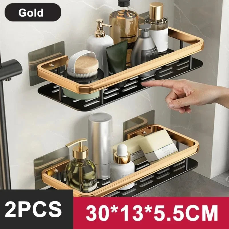 No-Drill Aluminum Alloy Bathroom Shower Shelf Wall-Mounted Shampoo Rack and Kitchen Organizer