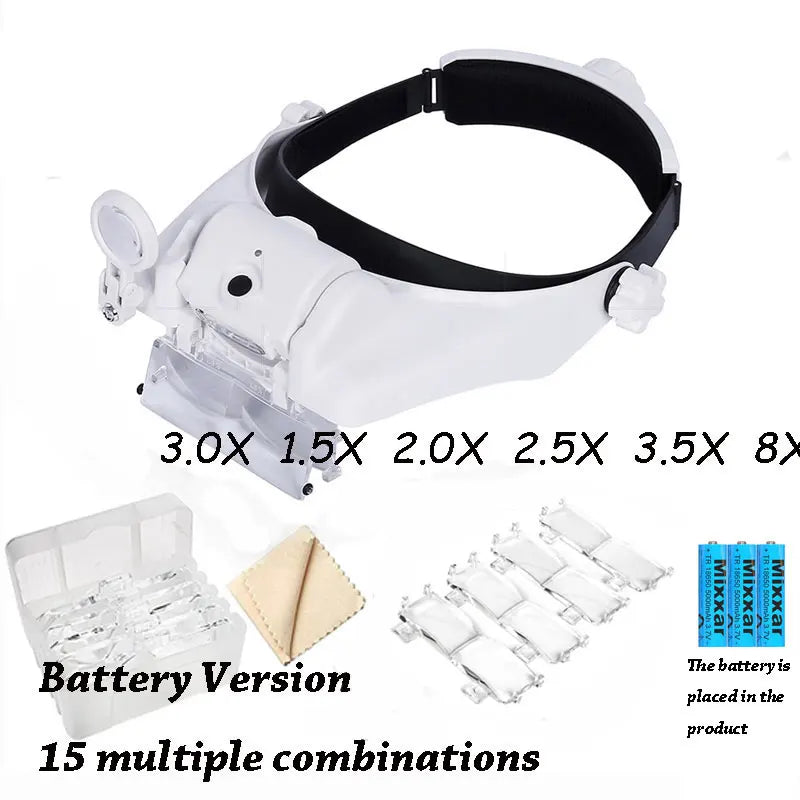 Rechargeable LED Headband Magnifier with Interchangeable Lenses – Adjustable Hands-Free Loupe for Soldering, Jewelry & Crafting