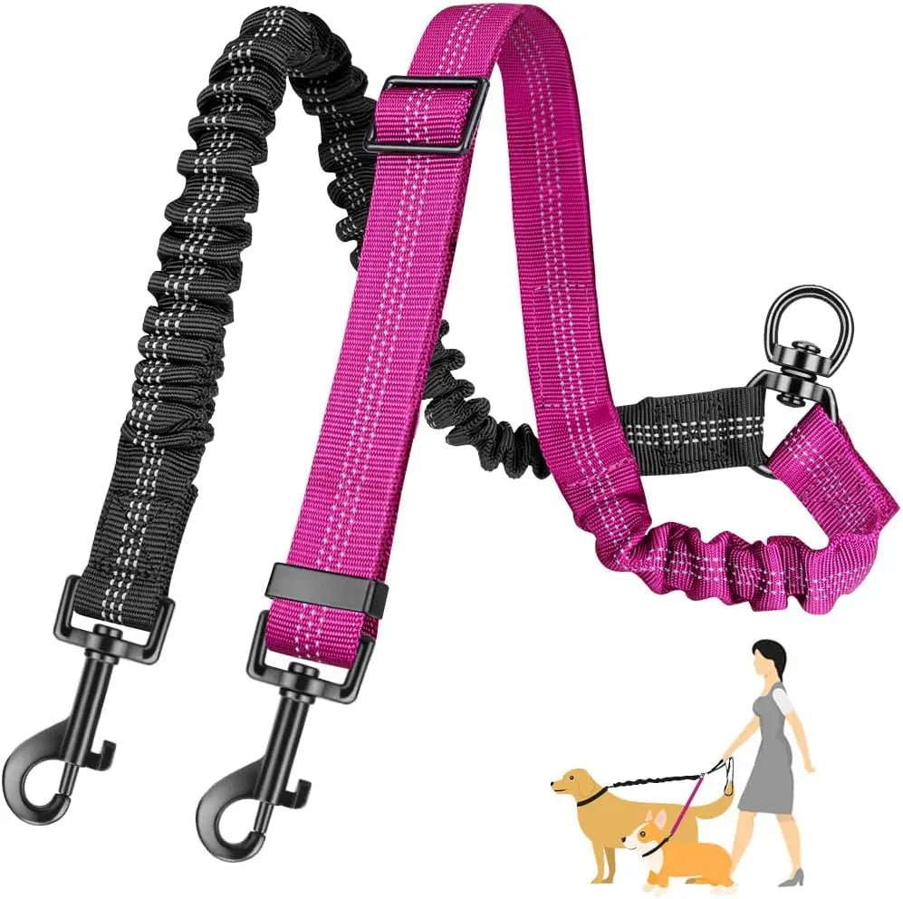 Adjustable Dual Dog Leash Coupler – No-Tangle Shock-Absorbing Bungee Splitter for Two Dogs (16.5–22.4 in / 42–60 cm, Elastic to 31.5 in / 80 cm)
