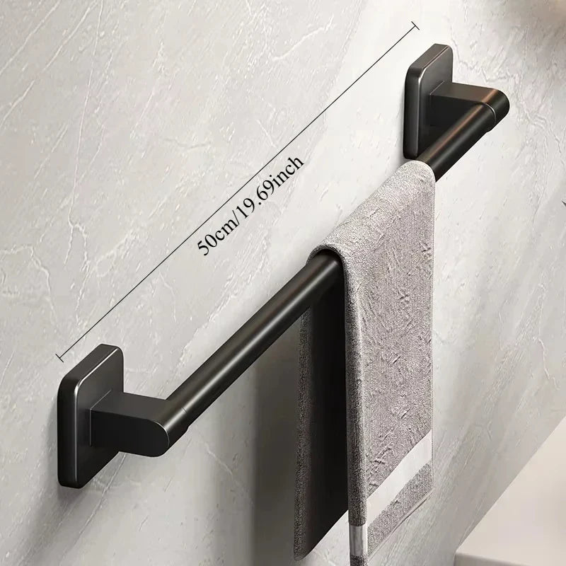 Self-Adhesive No-Drill Bathroom Wall Towel Rack 20-24 in (50-60 cm) Aluminum Single Bar with Hooks