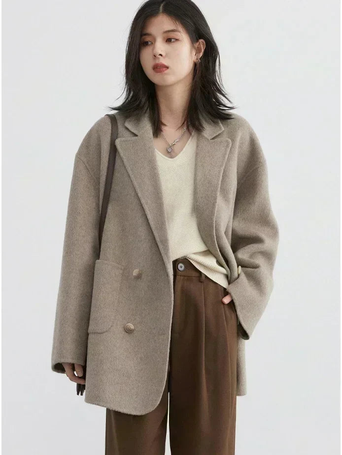 Women's Wool Blend Double-Sided Coat Loose Retro Double-Breasted Office Outerwear for Autumn Winter
