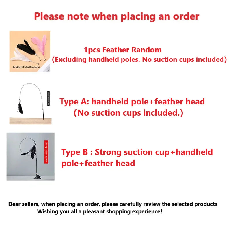 Interactive Cat Feather Teaser Wand with Bell, Extendable Rod, Suction Cup & Replaceable Feather Head