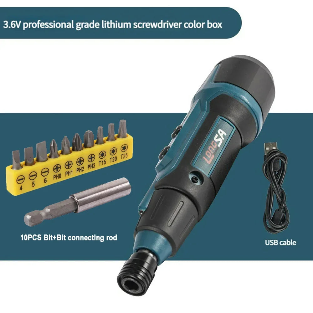 3.6V Mini Cordless Electric Screwdriver — Torque Adjustable Straight Handle, 6.35mm (1/4") Hex Chuck, 1300mAh Lithium Battery