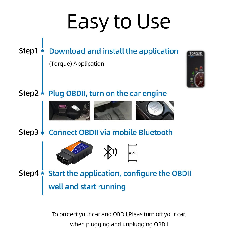 ELM327 OBD2 Bluetooth Code Reader - Car OBD-II Diagnostic Scanner & Fault Detector