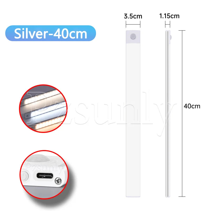 USB Rechargeable LED Motion Sensor Bar Light — Dimmable 3-Color Under-Cabinet Night Light, 10/20/30/40/50 cm (4–20 in)