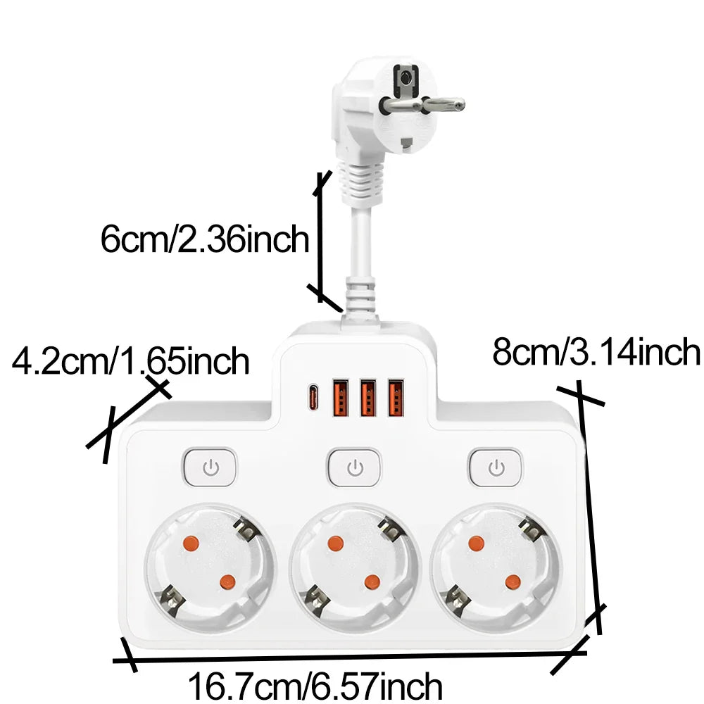 EU Wall-Mounted Power Strip — 3 AC Outlets + 4 USB Ports, Independent Switches, 0.5 m (20 in) Cord