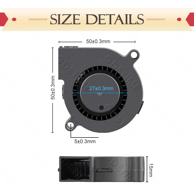 50mm (50x50x15mm) Brushless Dual-Ball Bearing Cooling Fan – 2-Pin/USB, 5V/12V/24V Turbo Blower for 3D Printers & Electronics