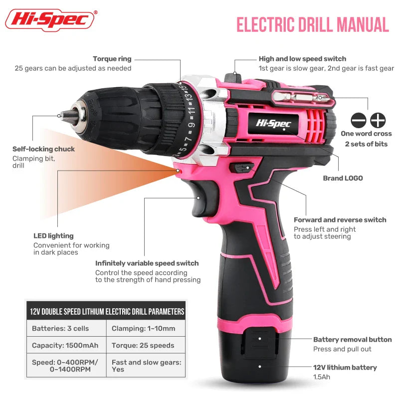Pink Cordless Electric Screwdriver & Home Repair Tool Kit - Complete Set with Drill Bits, Hammer & Carry Case