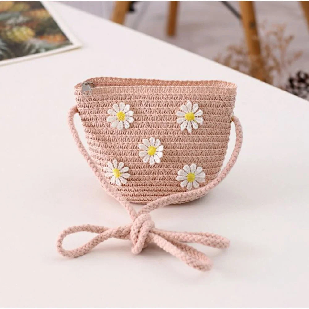 Kids Mini Woven Natural Straw Crossbody Bag for Girls Cute Shoulder Purse