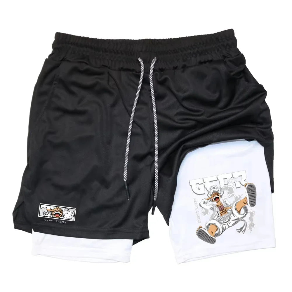 Japanese Anime Print Shorts Man Women Summer New Double-Layer 2-in-1 Shorts Gym Fitness Running Sports Pants Quick-Drying Shorts