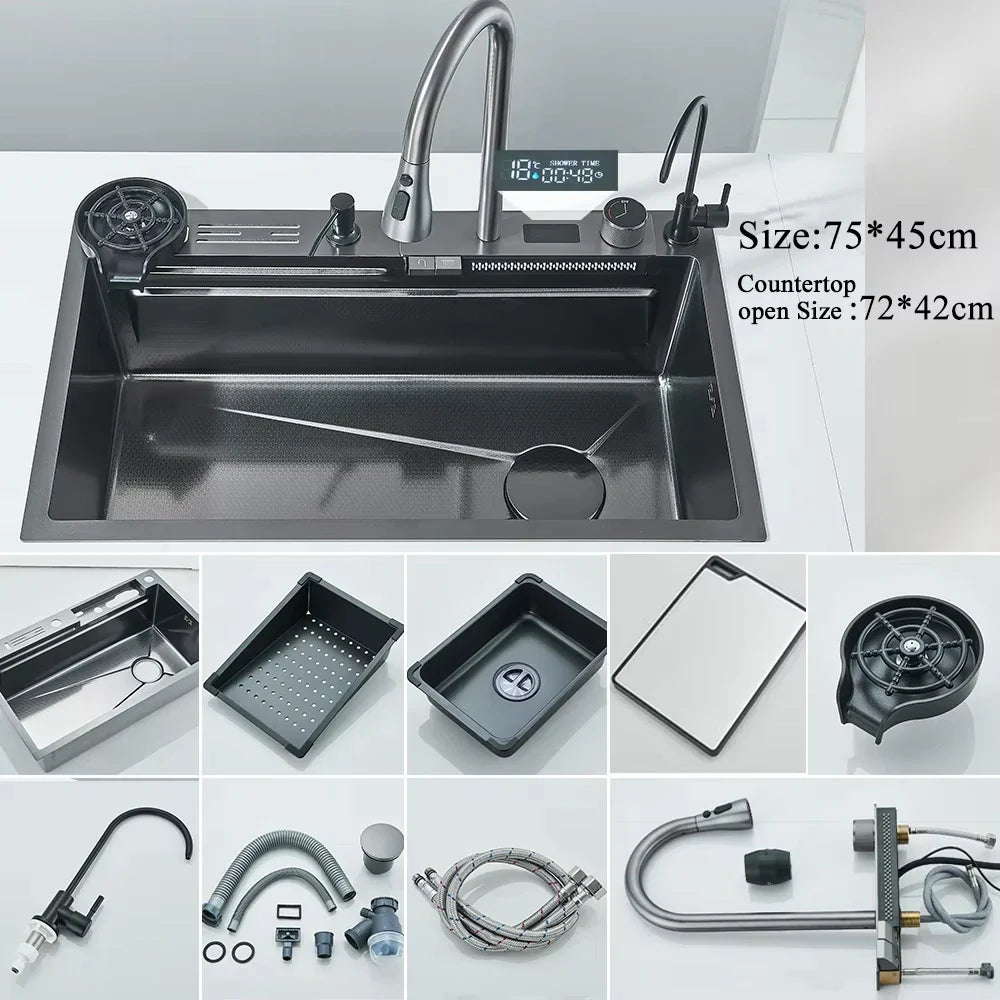304 Stainless Steel Undermount Kitchen Sink Single Bowl 75 x 45 cm (29.5 x 17.7 in) Brushed Finish with Waterfall Faucet, Digital Display and Soap Dispenser