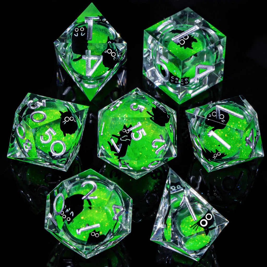 Liquid-Core Cat Resin 7-Piece RPG Dice Set — Sharp-Edge Polyhedral D20 D12 D10 D8 D6 D4 for Dungeons & Dragons & Tabletop