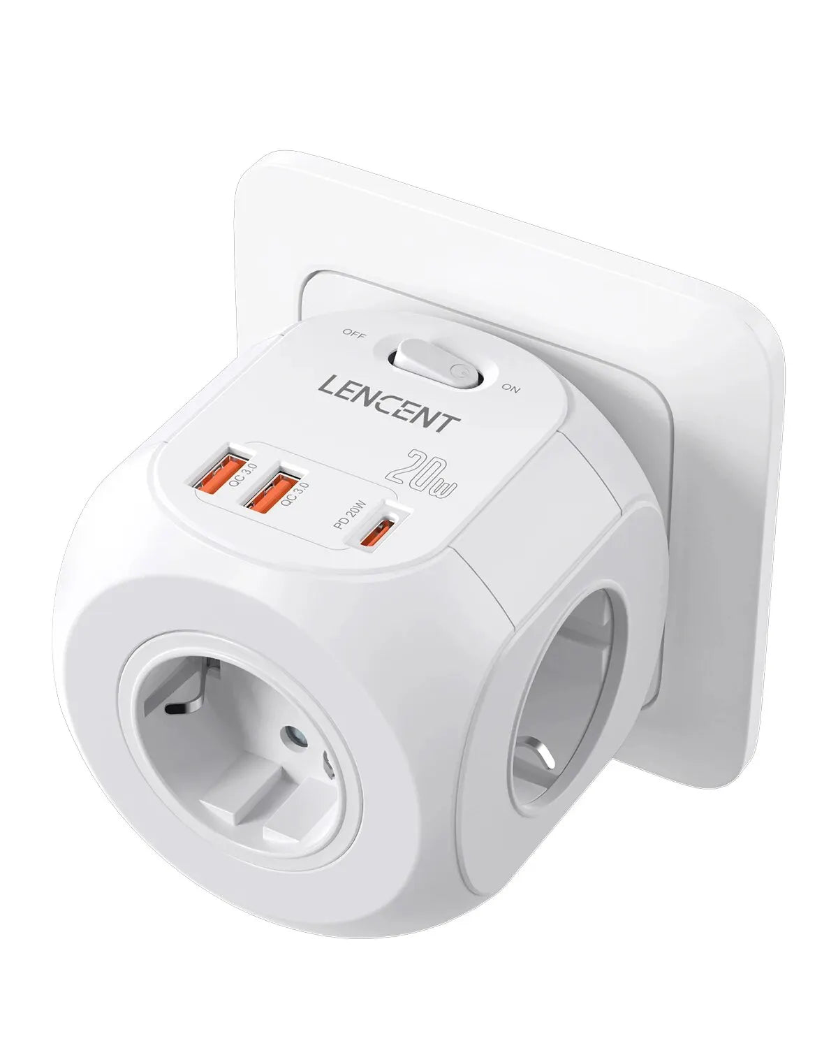 7-in-1 EU Plug Charger — 3 AC Outlets + 3 USB-A + 1 USB-C PD Wall Socket Extender with On/Off Switch