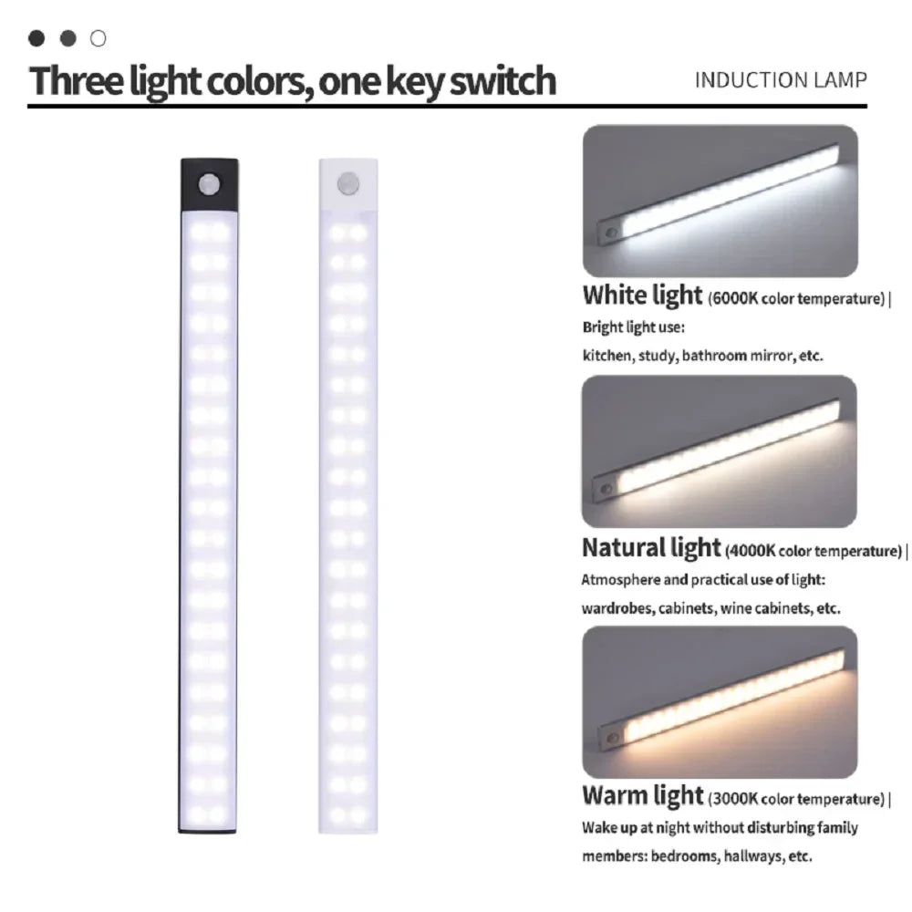 USB Rechargeable LED Motion Sensor Bar Light — Dimmable 3-Color Under-Cabinet Night Light, 10/20/30/40/50 cm (4–20 in)