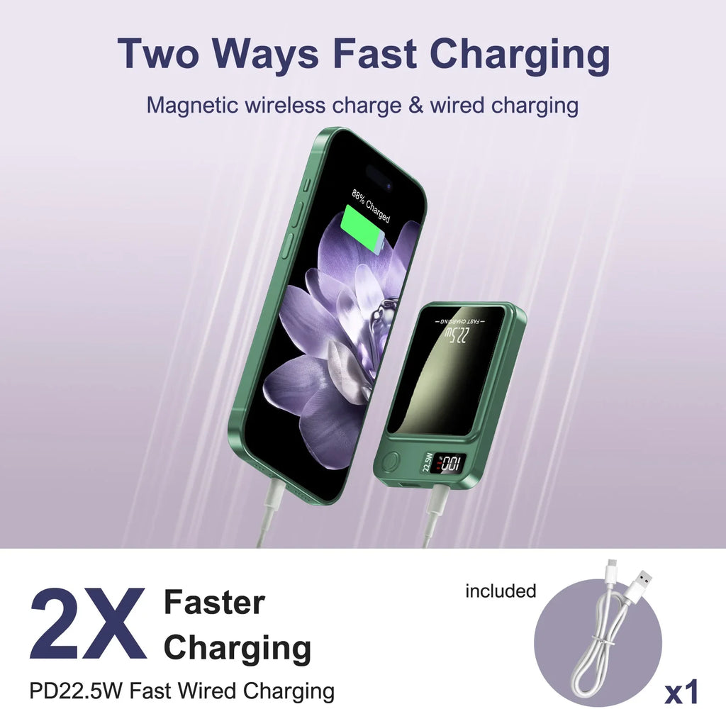 10000mAh Magnetic Wireless Power Bank PD 22.5W Fast Charge Portable Charger with Digital Display & Dual USB