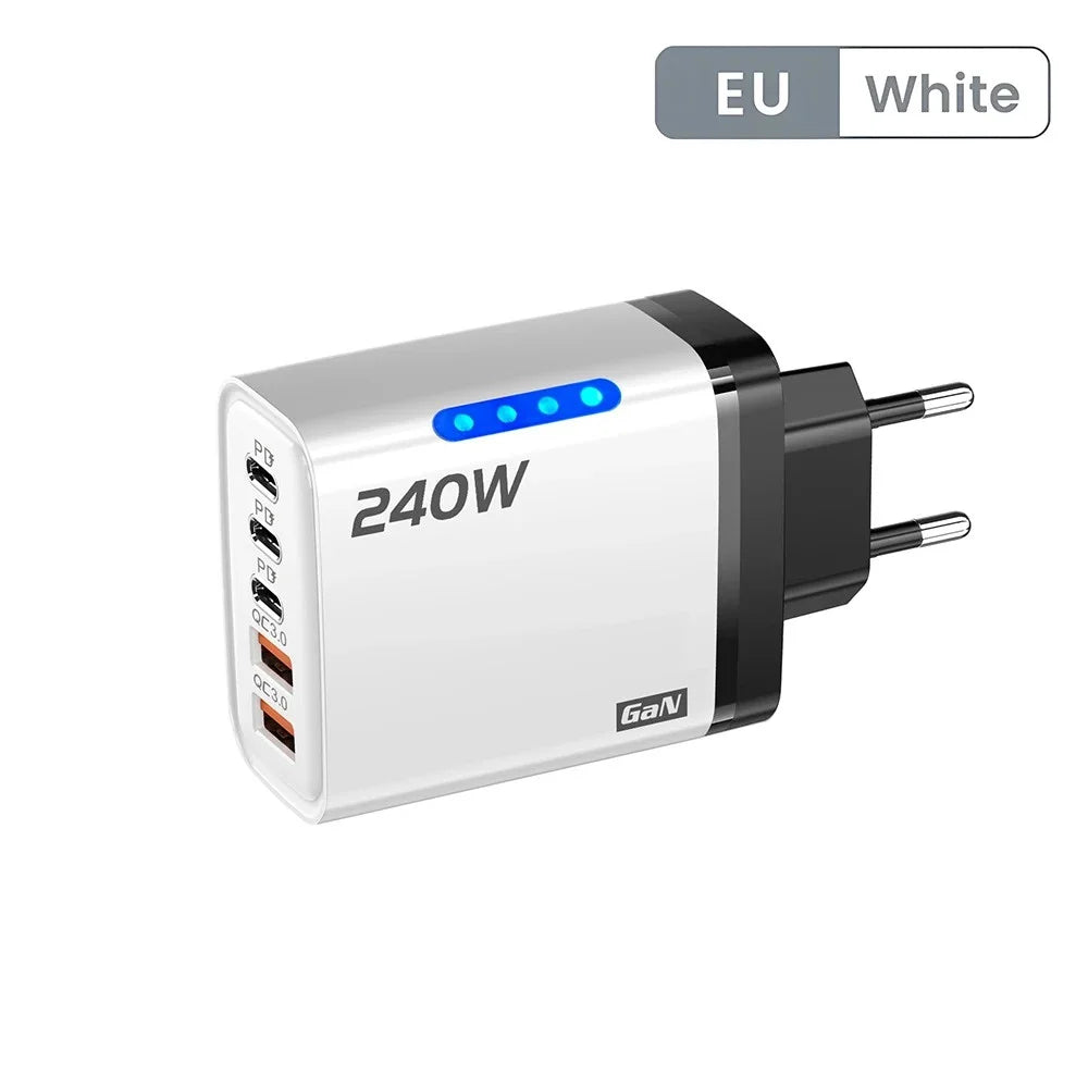 240W 5-Port USB-C PD Fast Charger GaN – Quick Charge 3.0 Adapter (3×Type-C + 2×USB-A)