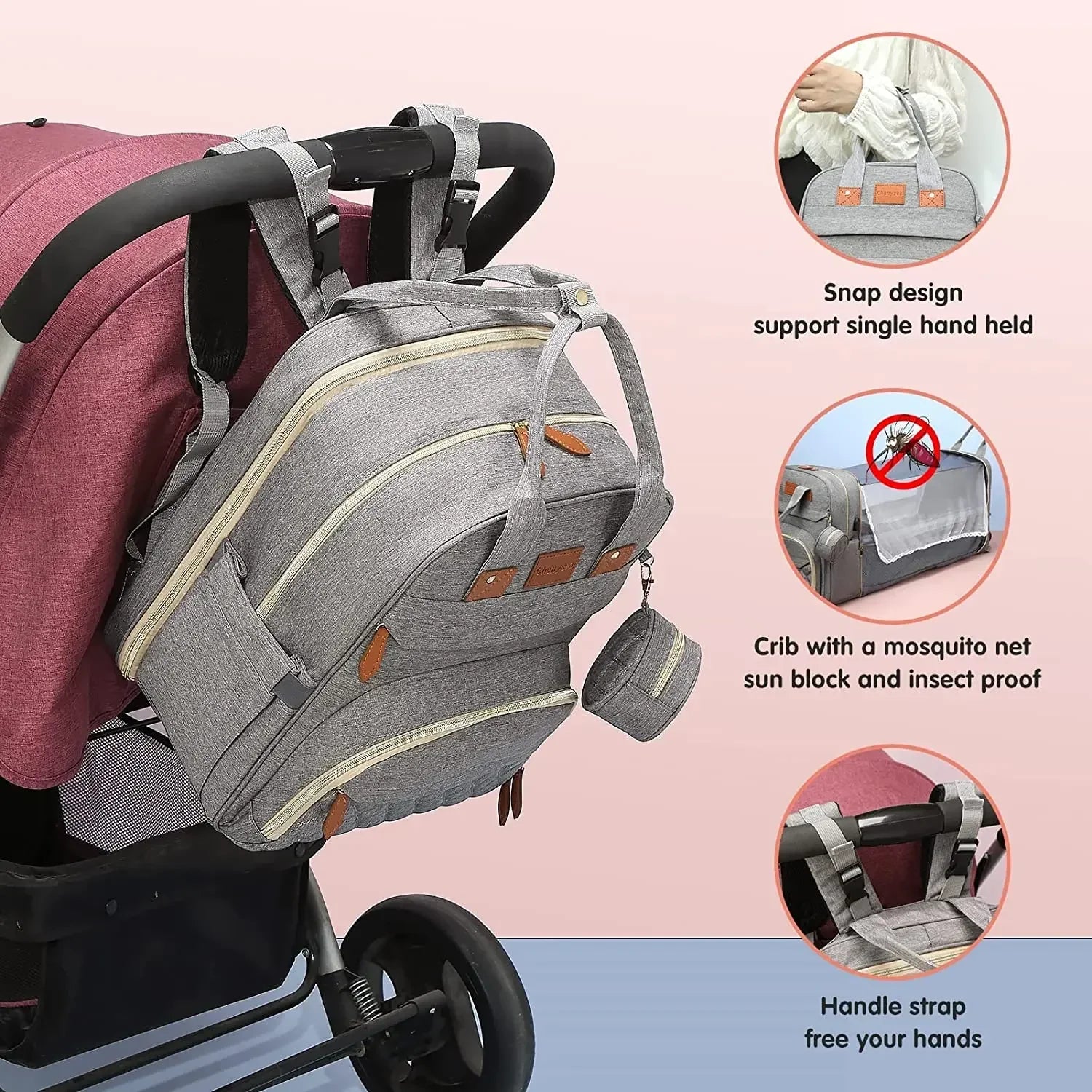 3-in-1 Diaper Bag Backpack with Foldable Changing Bed, Waterproof Travel Bag with USB Charging Port
