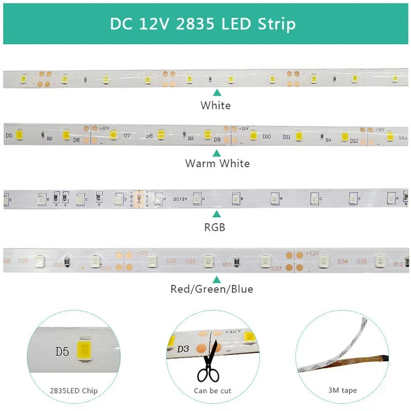 RGB LED Strip Light 5M (16.4 ft) 300 LEDs SMD2835 12V Waterproof Flexible Tape Light - Warm White/White/Red/Green/Blue for Room Decor