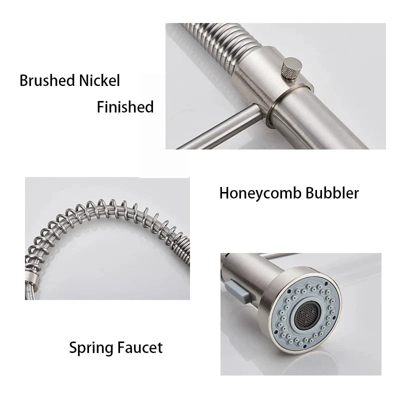 Brushed Nickel Pull-Down Kitchen Faucet, Deck-Mounted Mixer Tap, 360° Swivel, Stream & Spray, Single-Handle Hot/Cold