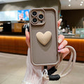 Luxury 3D Love Heart Matte Soft Lanyard Rope Phone Case For iPhone 16 15 14 13 12 11 Pro Max X XS XR 7 8 Plus Shockproof Cover