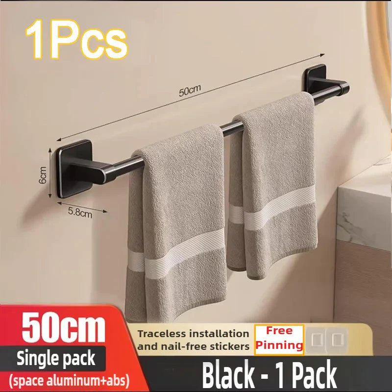 No-Drill Wall-Mounted Towel Rack – Adhesive Aluminum Towel Bar for Bathroom & Kitchen, 50–60 cm (19.7–23.6 in)