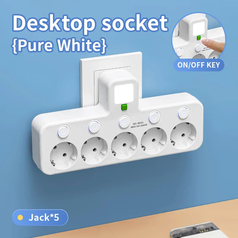 EU 4-Socket Wall Power Adapter with Individual Switches, 2500W Mountable Multi-Outlet (No Extension Cable) USB Option