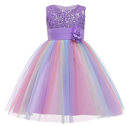 Sequins Girls Dress Summer Flower Fashion Rainbow Mesh Little Princess Dresses