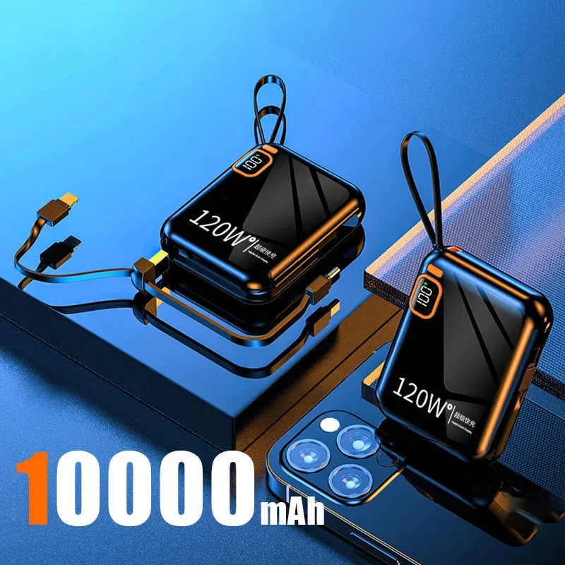 120W 50000mAh Portable Power Bank - Built-in Cables, LED Display & Flashlight, Two-Way Fast Charging for iPhone Samsung