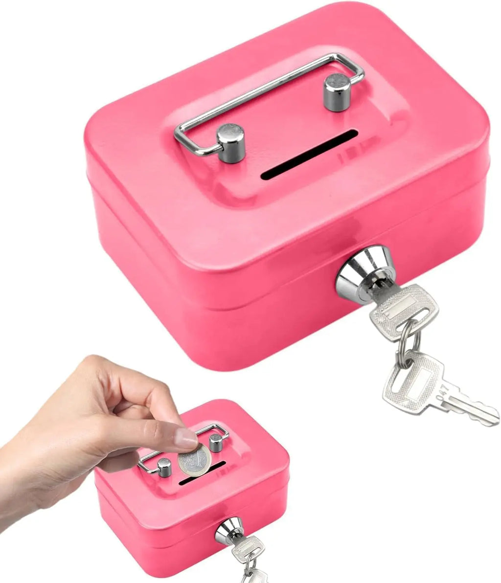 Portable Lockable Metal Cash Box with Key - Small Piggy Money Safe for Kids