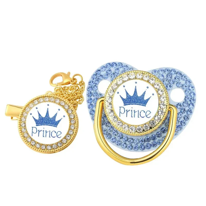 Rhinestone Pacifier Clip with Lid Silicone Newborn Pacifier Holder Princess Crown Bling Infant Shower Gift