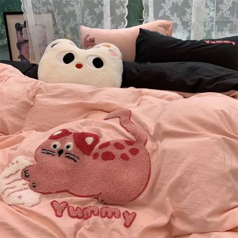 Korean Style Green Stripe Black Cat Embroidered Washed-Effect Polyester Duvet Cover Set 4-Piece Cute Cartoon Bed Linen