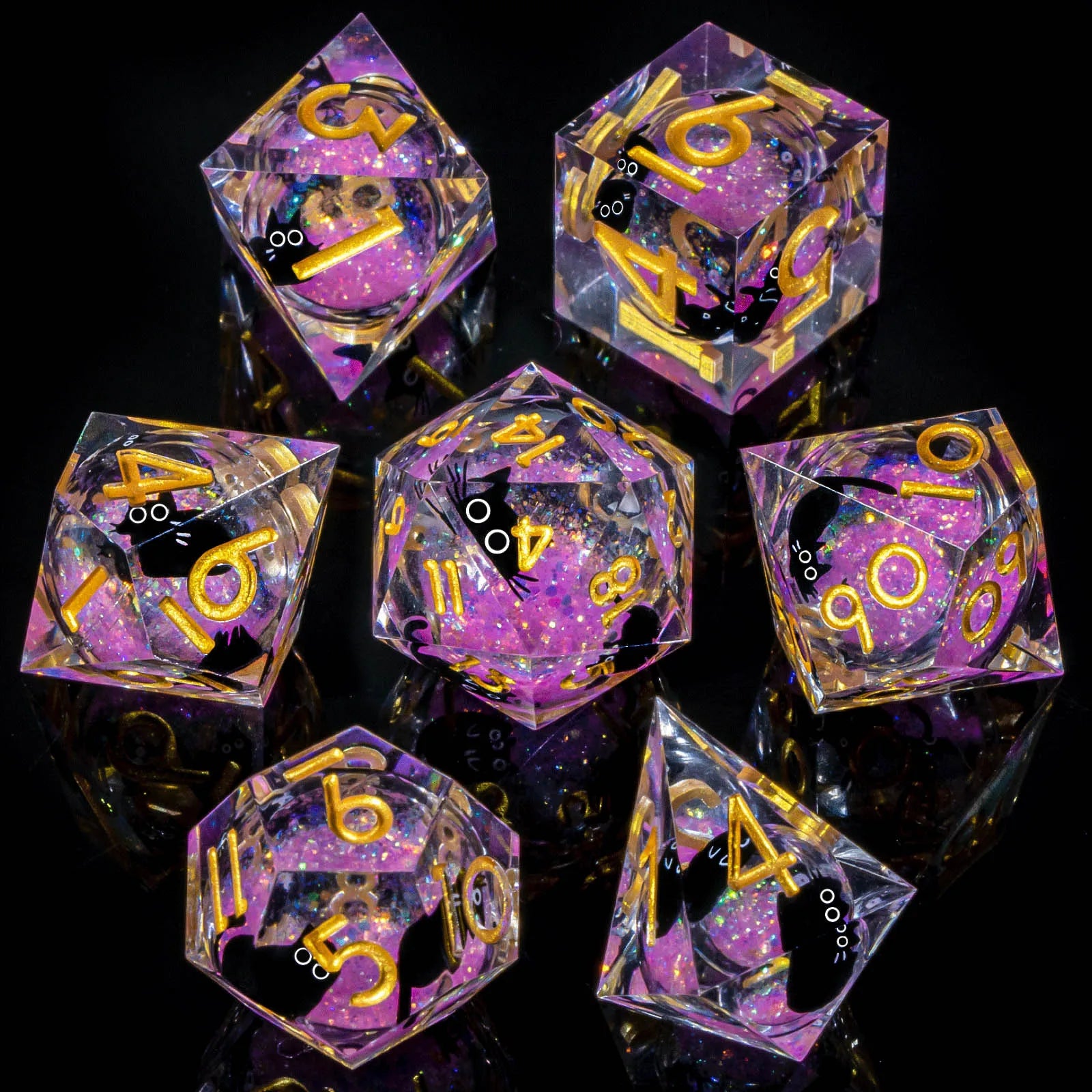 Liquid-Core Cat Resin 7-Piece RPG Dice Set — Sharp-Edge Polyhedral D20 D12 D10 D8 D6 D4 for Dungeons & Dragons & Tabletop