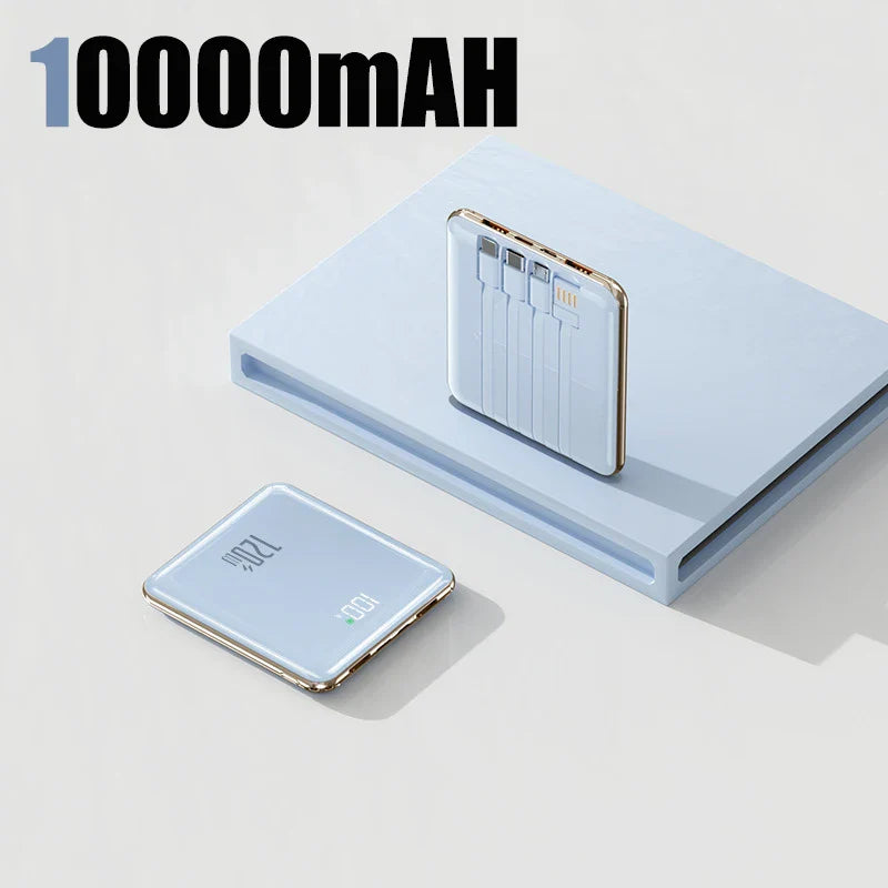50000mAh Mini Power Bank - Large Capacity Fast Charging Portable Charger with 4 Built-In Cables (USB-C, Lightning, Micro USB) for Smartphones