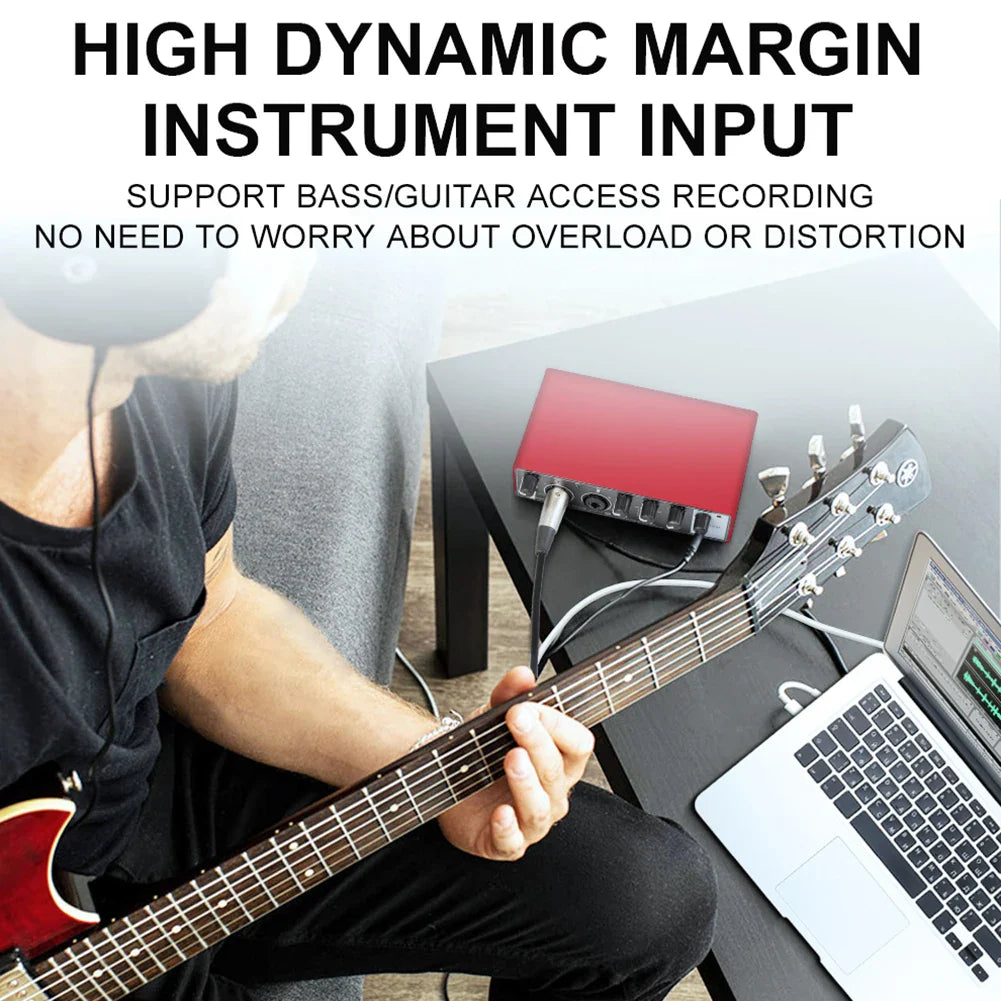 USB Audio Interface 48V Phantom Power 24-bit/192kHz — 2-in/2-out Portable Sound Card with Loopback & Zero-Latency Monitoring for Guitar and Vocal Recording
