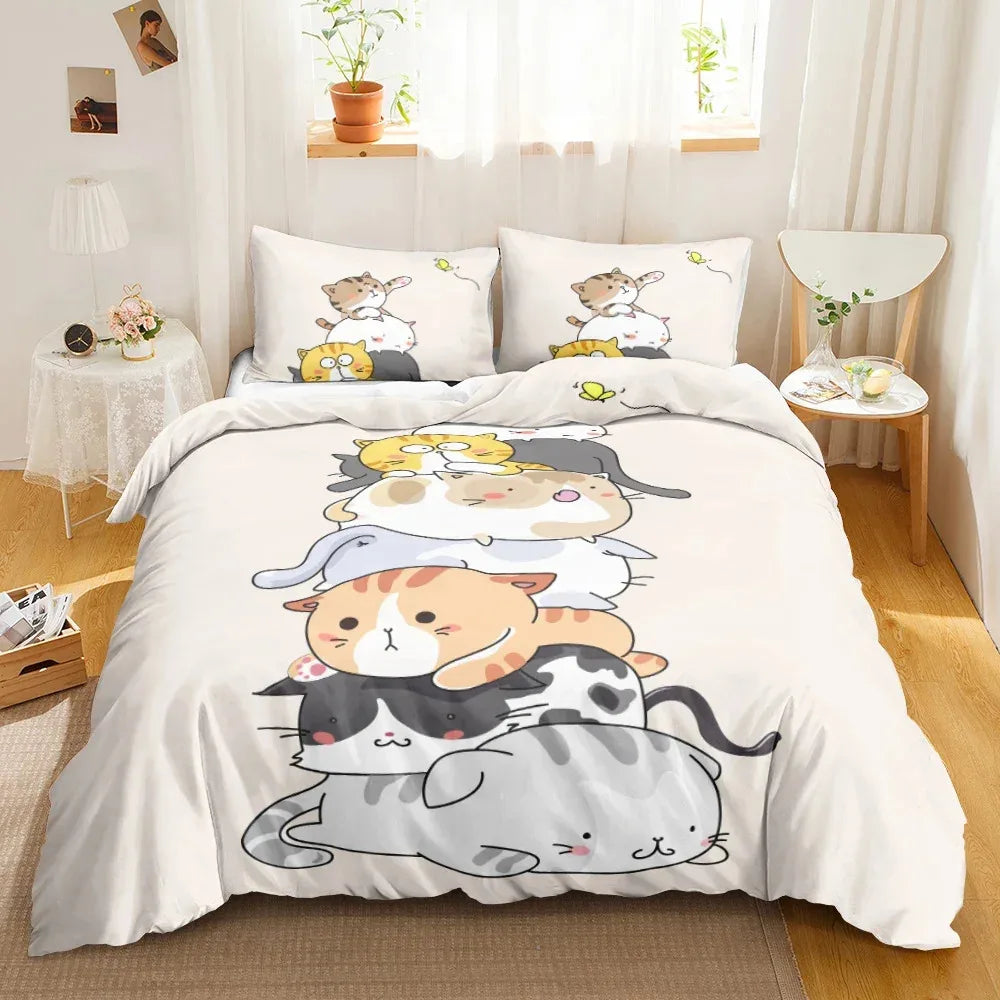 3-Piece Cute Cat Duvet Cover Set - Single-Sided Printed Cartoon Comforter Cover with Pillowcases