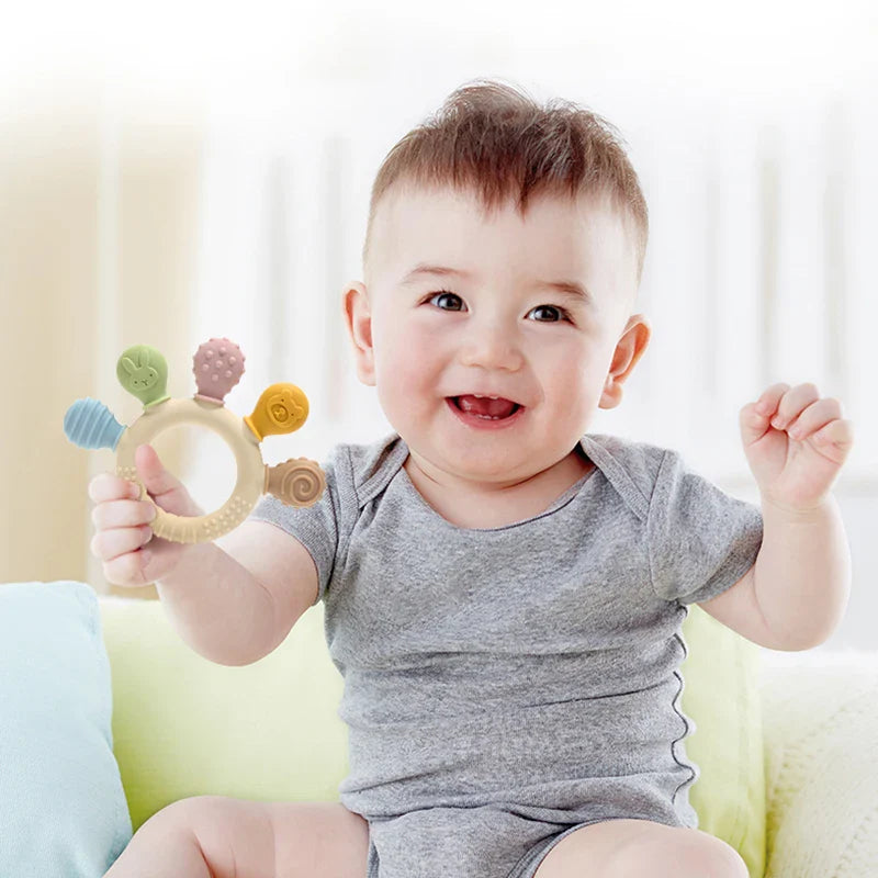 Multicolor Silicone Baby Ring Teether – Calming Chew Beads Sensory Gum Relief for 0–24 Months