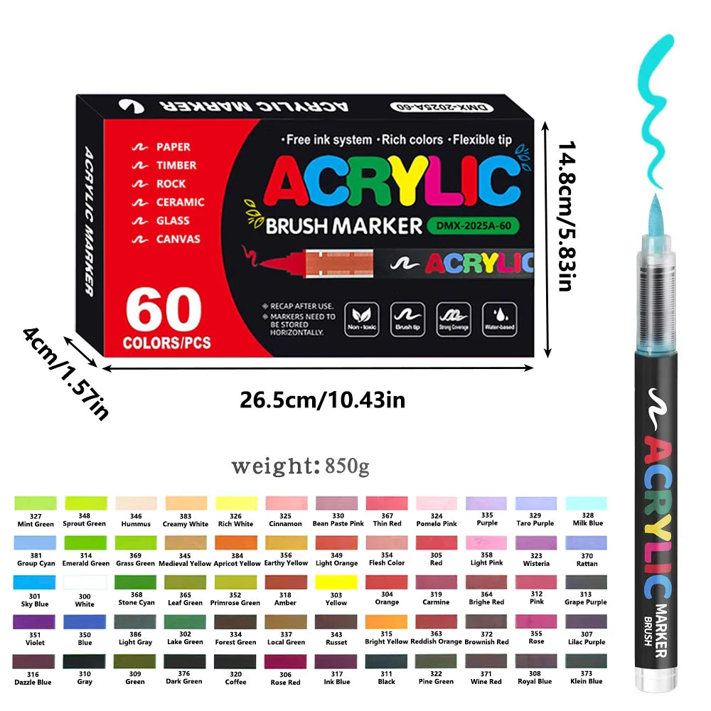 12/24/36/48/60-Color Acrylic Brush Paint Markers - Soft Brush Tip for Canvas, Stone & DIY Art