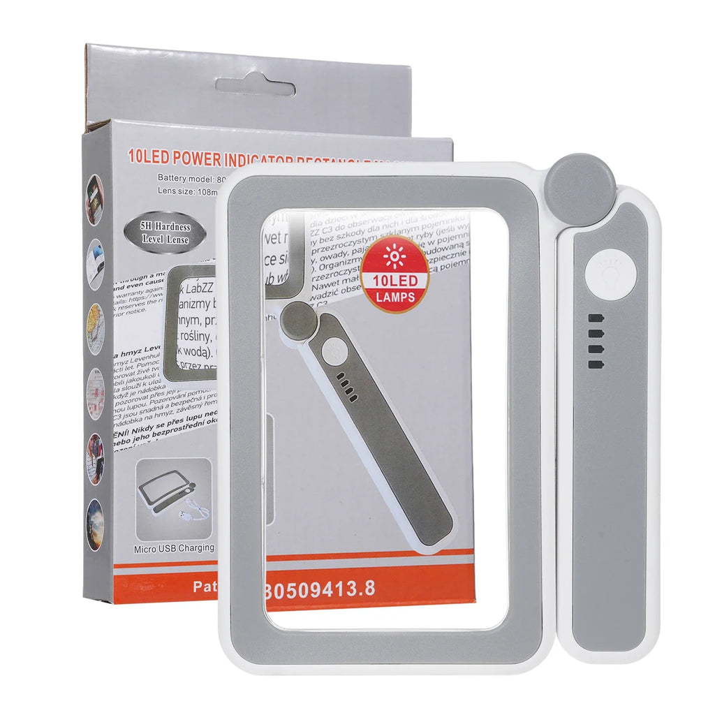 4X Rechargeable LED Handheld Magnifier, Wide Rectangular Reading Loupe with 10 LEDs and USB-C Charging