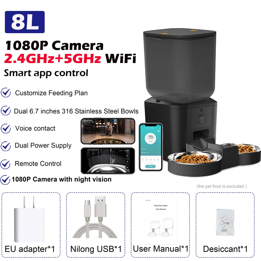 8L Automatic Pet Feeder with 1080P Camera, 2.4/5GHz WiFi, Stainless Steel Bowl, App Control & Voice Recorder