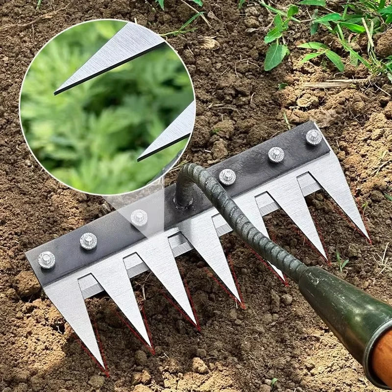 5/6/7/8-Tooth Iron Garden Rake Hoe Weeding & Soil Loosening Tool with Metal Handle